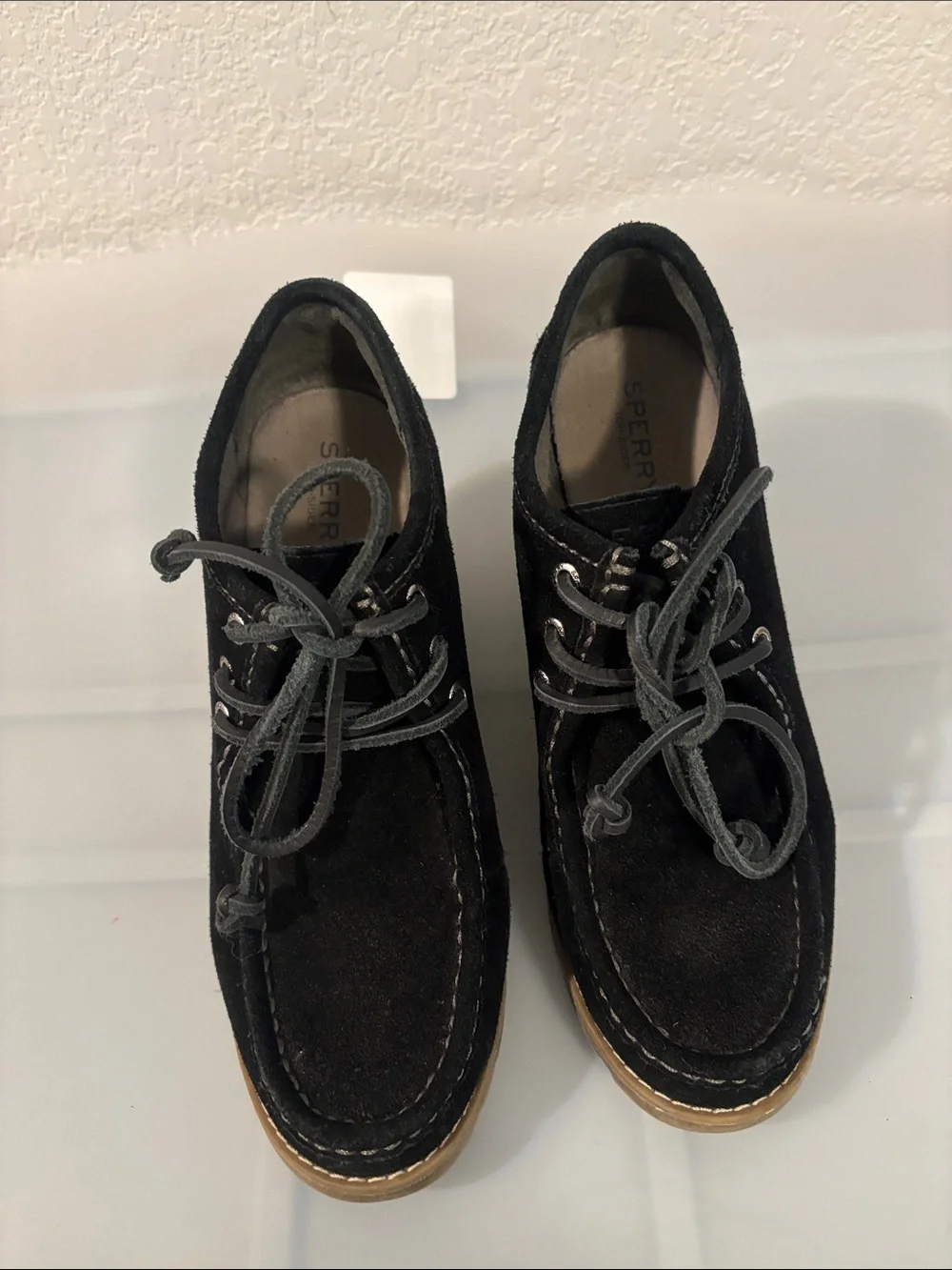 Sperry Black Stella Keel wedge booties SZ 8.5M suede uppers & tan wedge heel